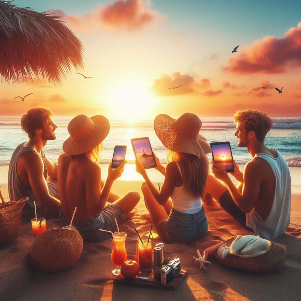 Group of friends enjoying beach sunset with eSIM capable devices