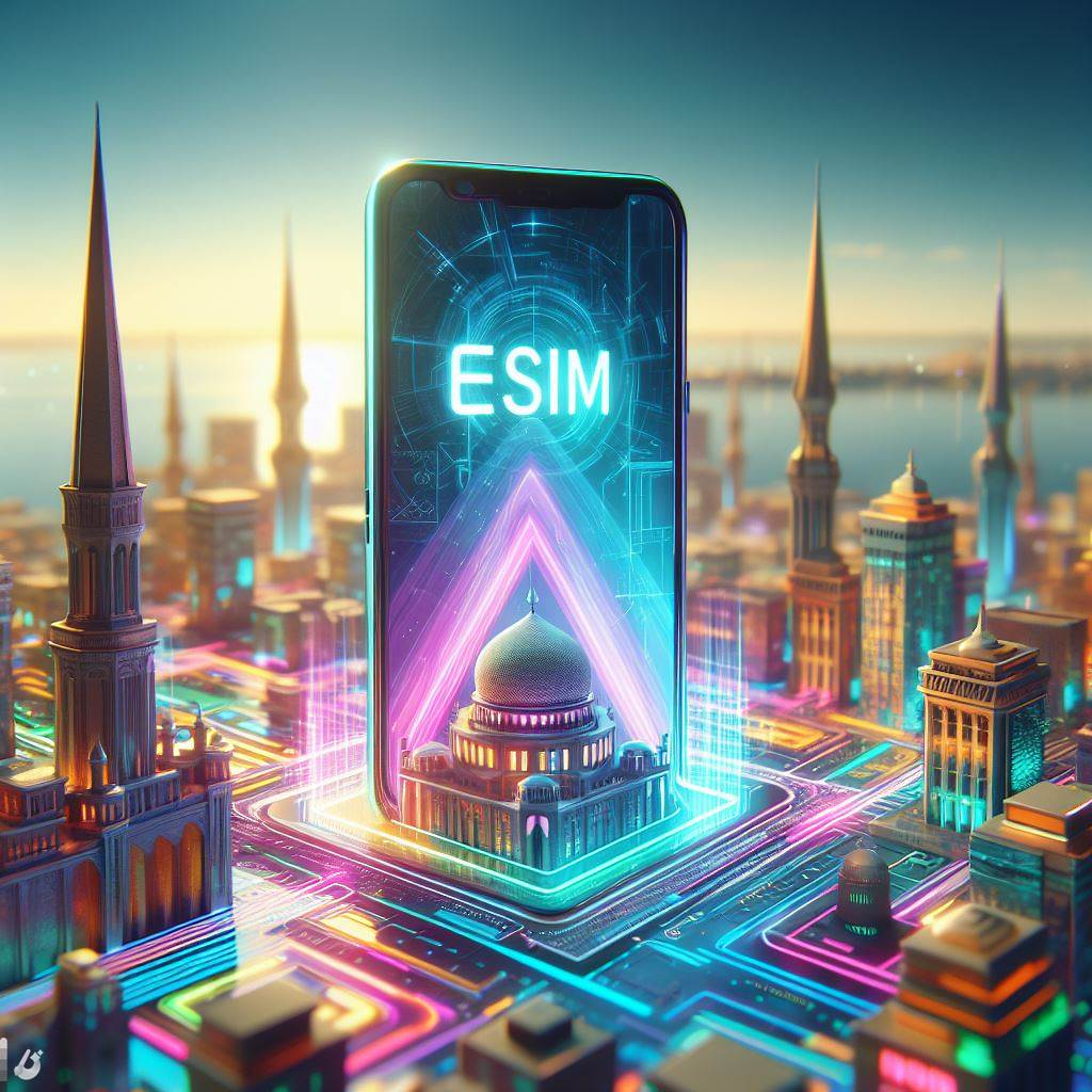 Smartphone with eSIM logo against a backdrop of Alexandria's landmarks