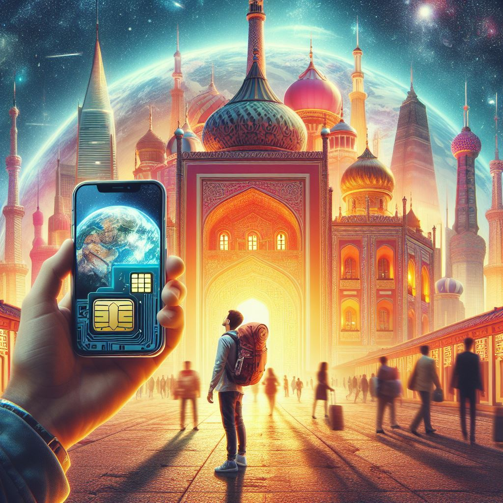 Traveler using an iPhone with a foreign SIM card at an international landmark