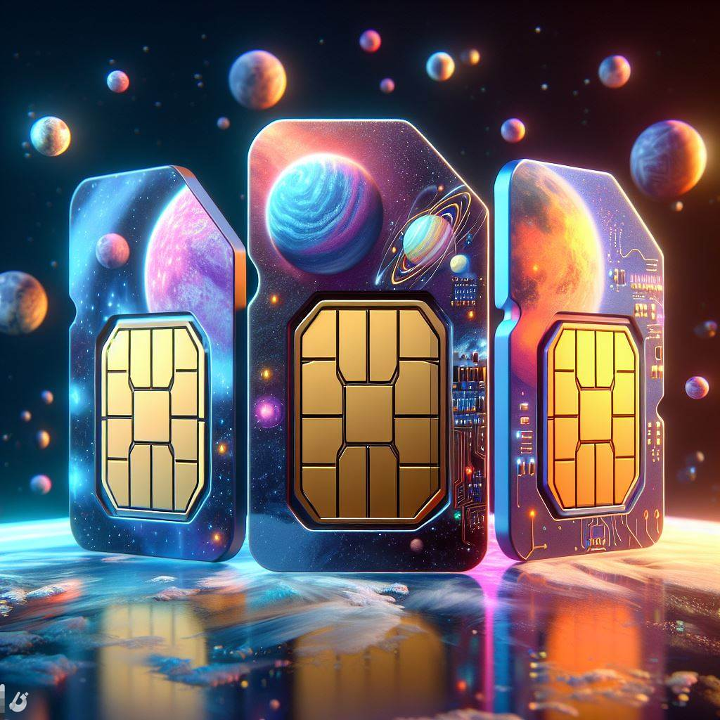A side-by-side comparison of a nano SIM card, regular SIM card and an eSIM